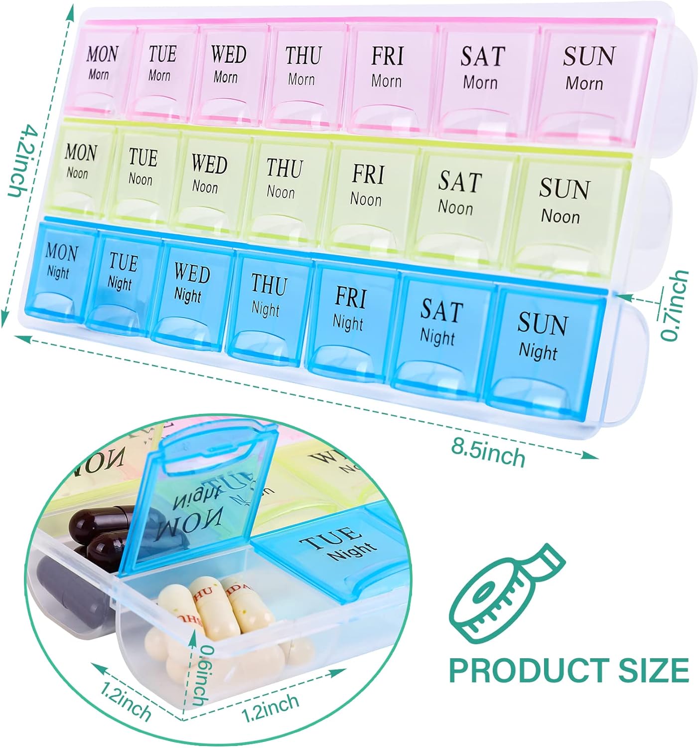 7 Day Pill Organizer 3 Compartments AM PM Evening 21 Slot Weekly Medication Storage Box - Image 2
