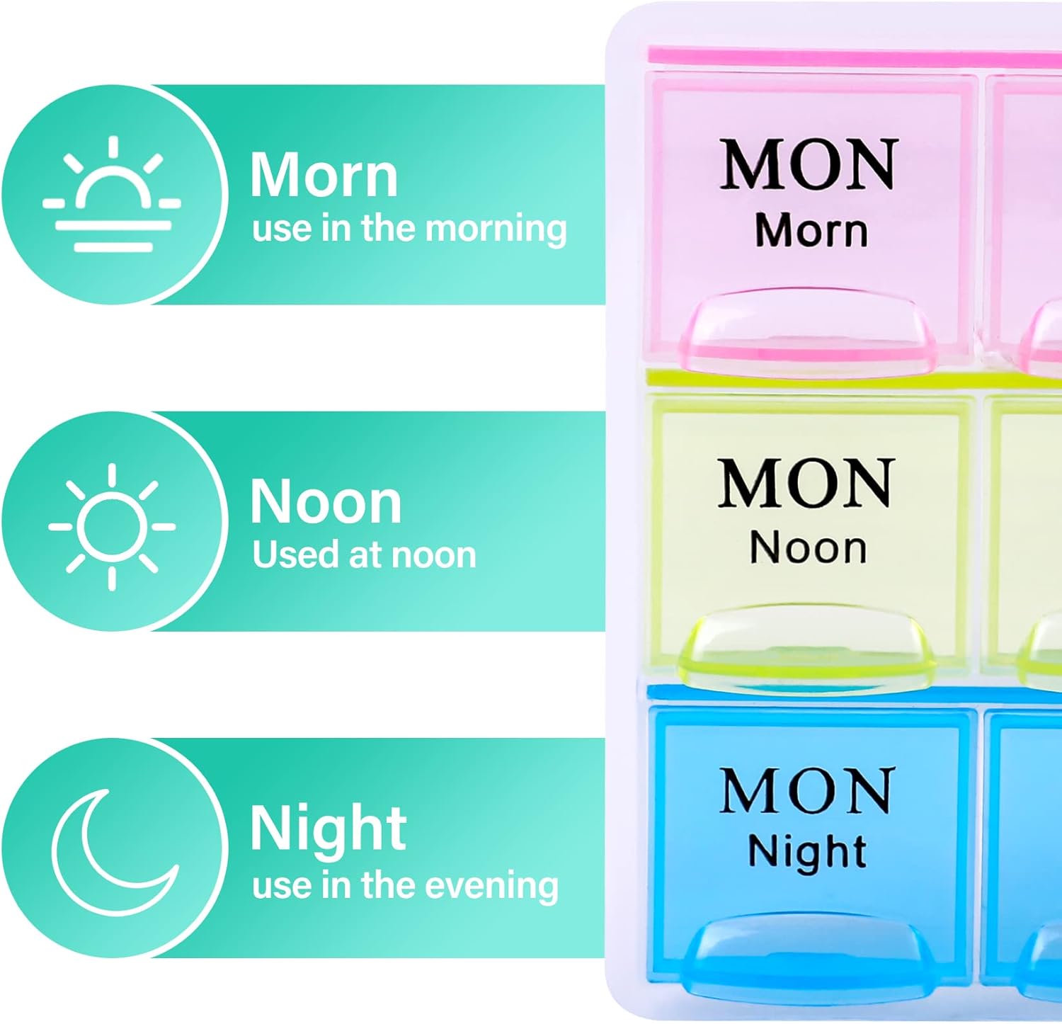 7 Day Pill Organizer 3 Compartments AM PM Evening 21 Slot Weekly Medication Storage Box - Image 3