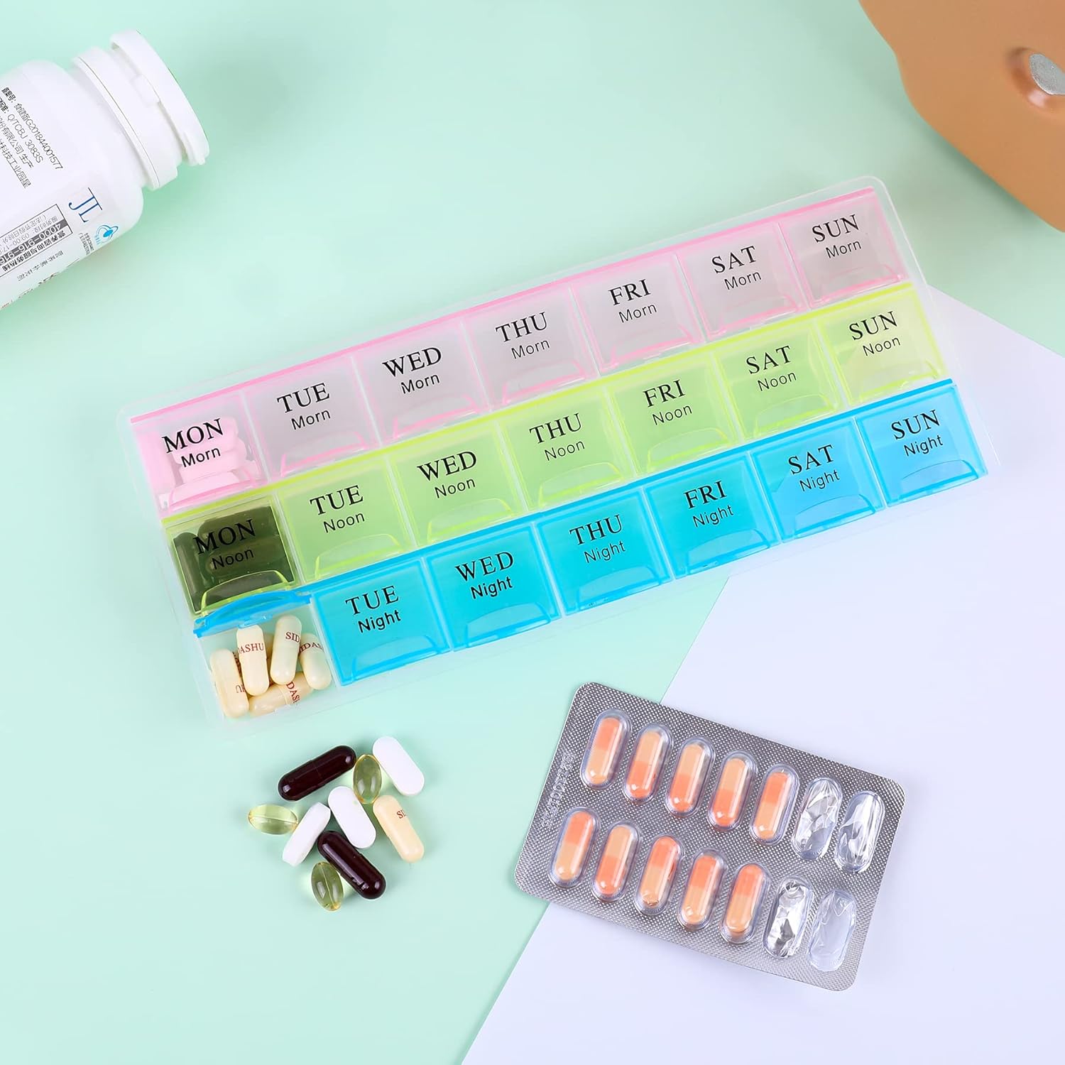 7 Day Pill Organizer 3 Compartments AM PM Evening 21 Slot Weekly Medication Storage Box - Image 5