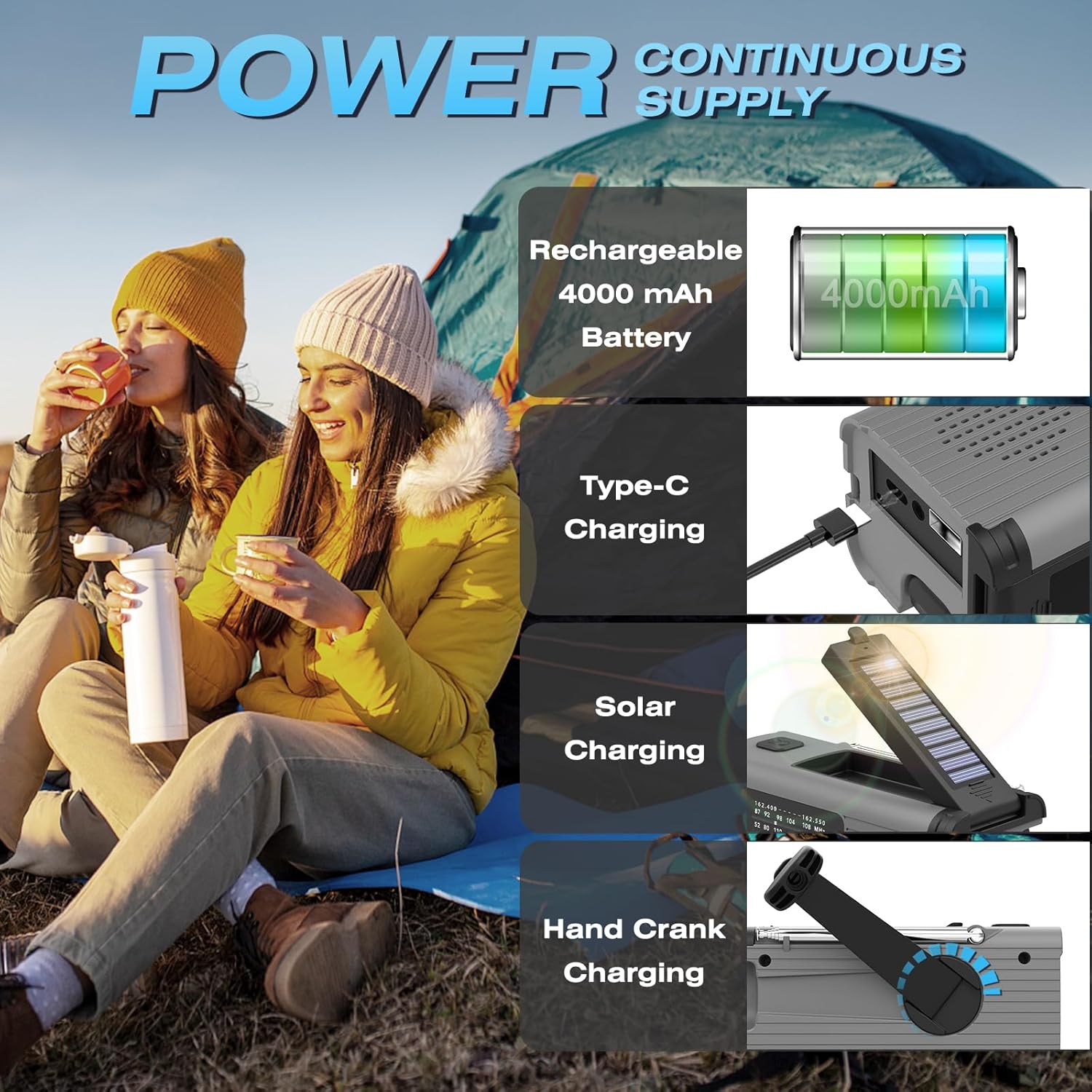Multi-Colour Solar & Hand Crank Portable Radio 4000mAh Rechargeable Battery Operated Emergency Radio for Indoor Outdoor Use - Image 4