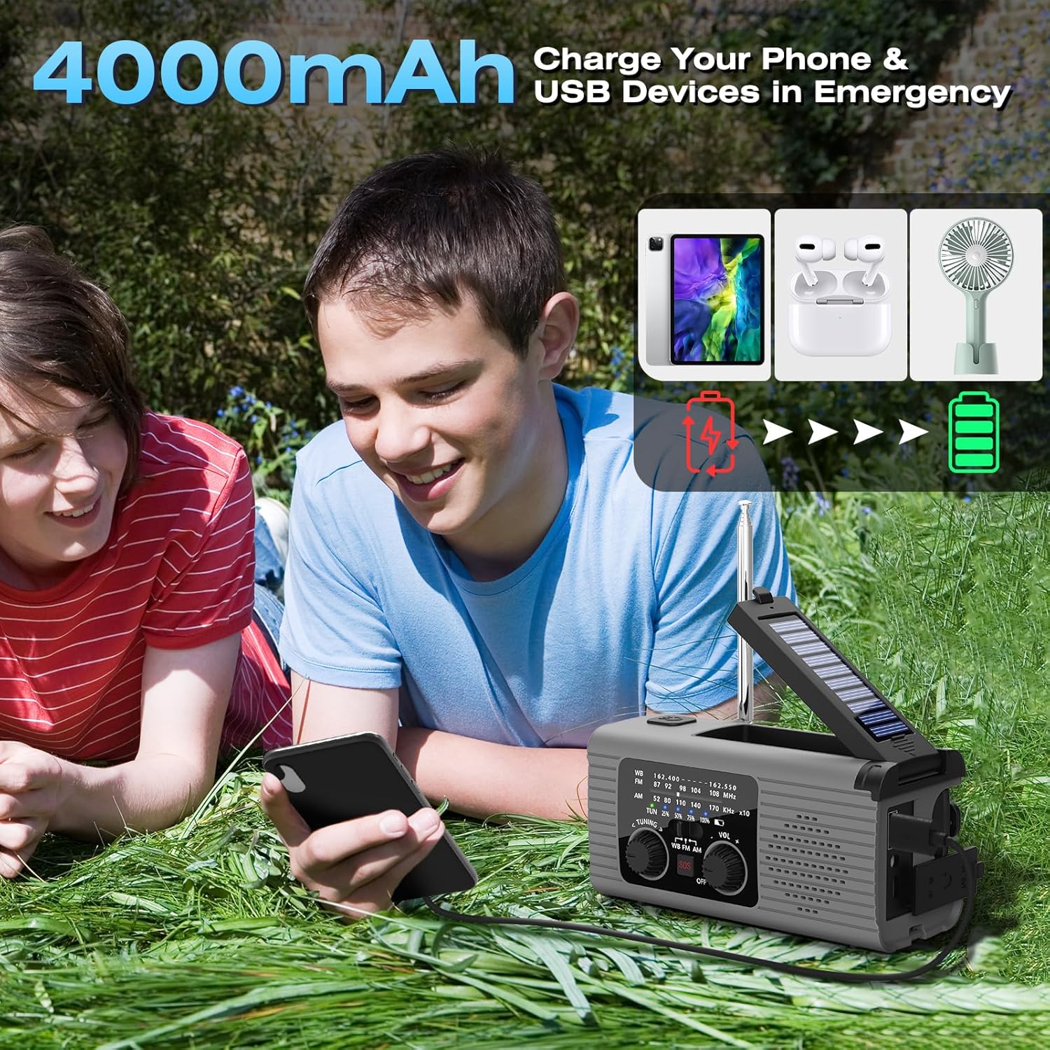 Multi-Colour Solar & Hand Crank Portable Radio 4000mAh Rechargeable Battery Operated Emergency Radio for Indoor Outdoor Use - Image 5