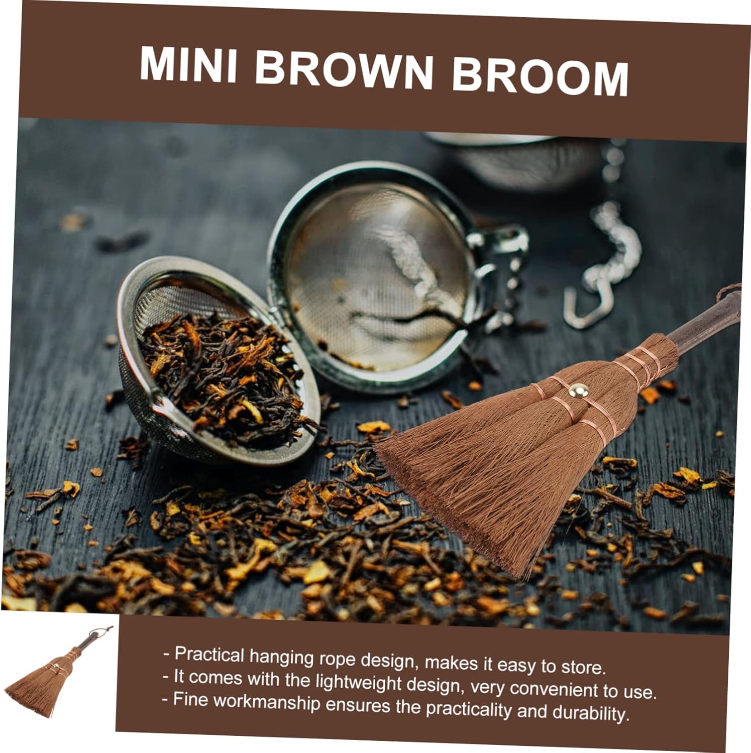 Mini Broom Brown Lightweight Durable Hanging Eye for Kitchen Camping 1 Piece - Image 5