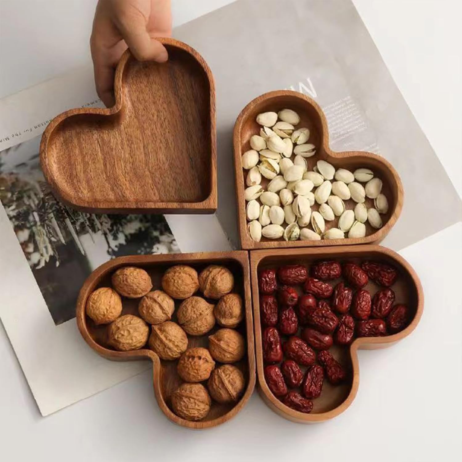 4-Piece Heart-Shaped Wooden Bowl Set Snack Fruit Dried Food Nut Candy Storage Decorative Display Bowls - Image 4