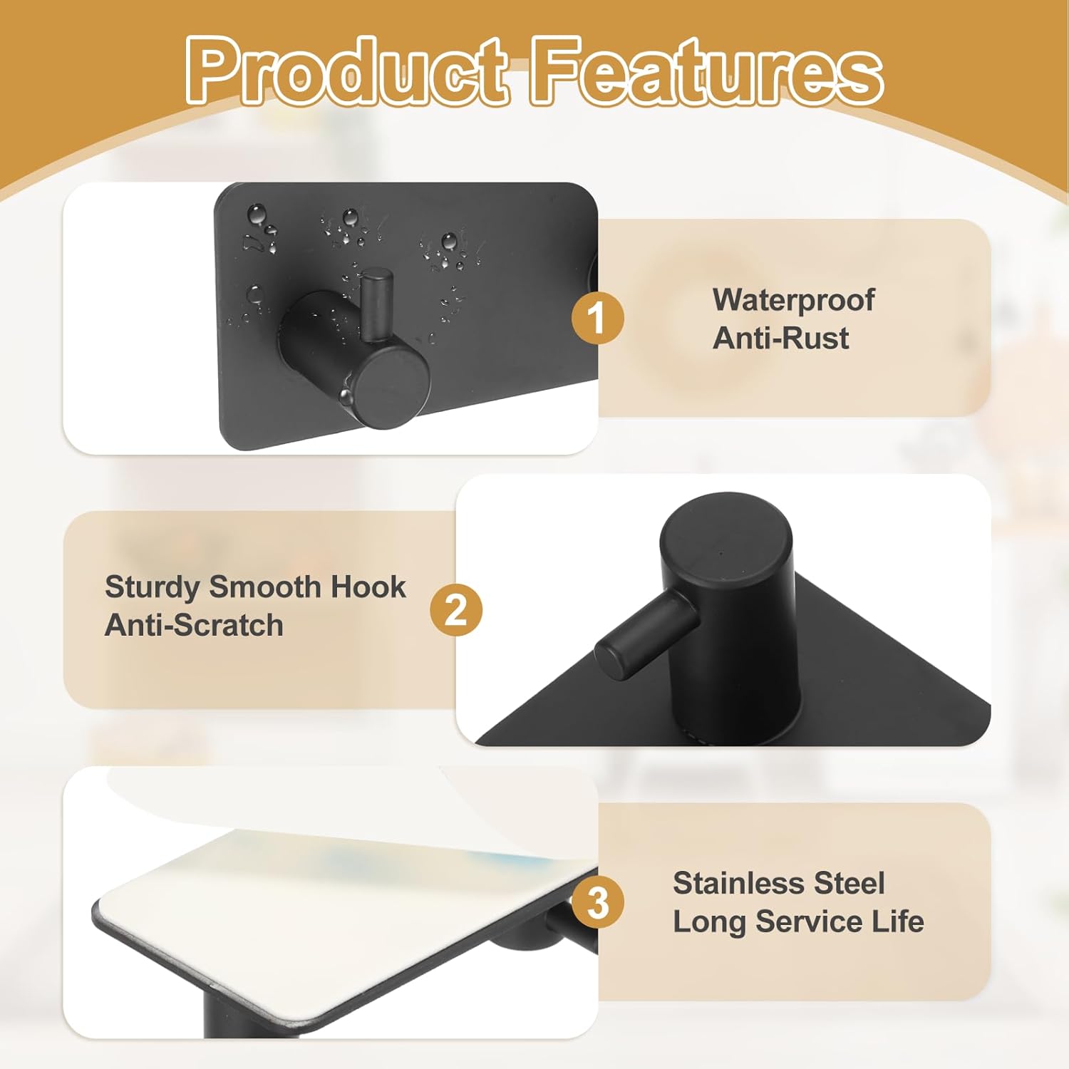 2 Pack Self Adhesive Stainless Steel Towel Hooks 304 Rust Proof Waterproof Black - Image 3
