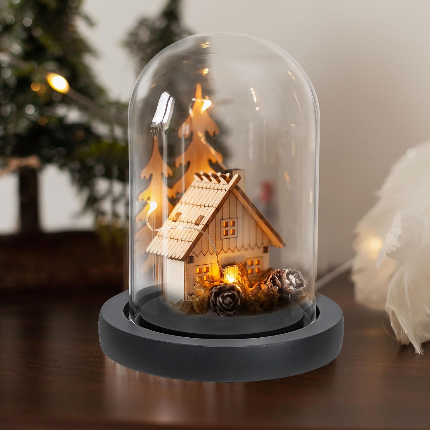 Glass Dome with Black Wooden Base - Clock Shaped Display Case - Home Decor - Desk Ornament - Christmas Decoration for Indoor Use - Image 6