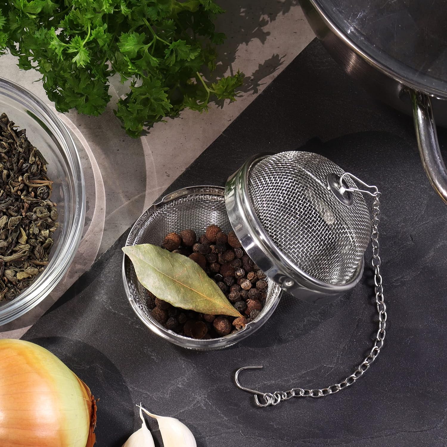 2 Pack Stainless Steel Tea Strainers with Chain 6.5cm Fine Mesh for Loose Tea Herbs Spices - Image 3