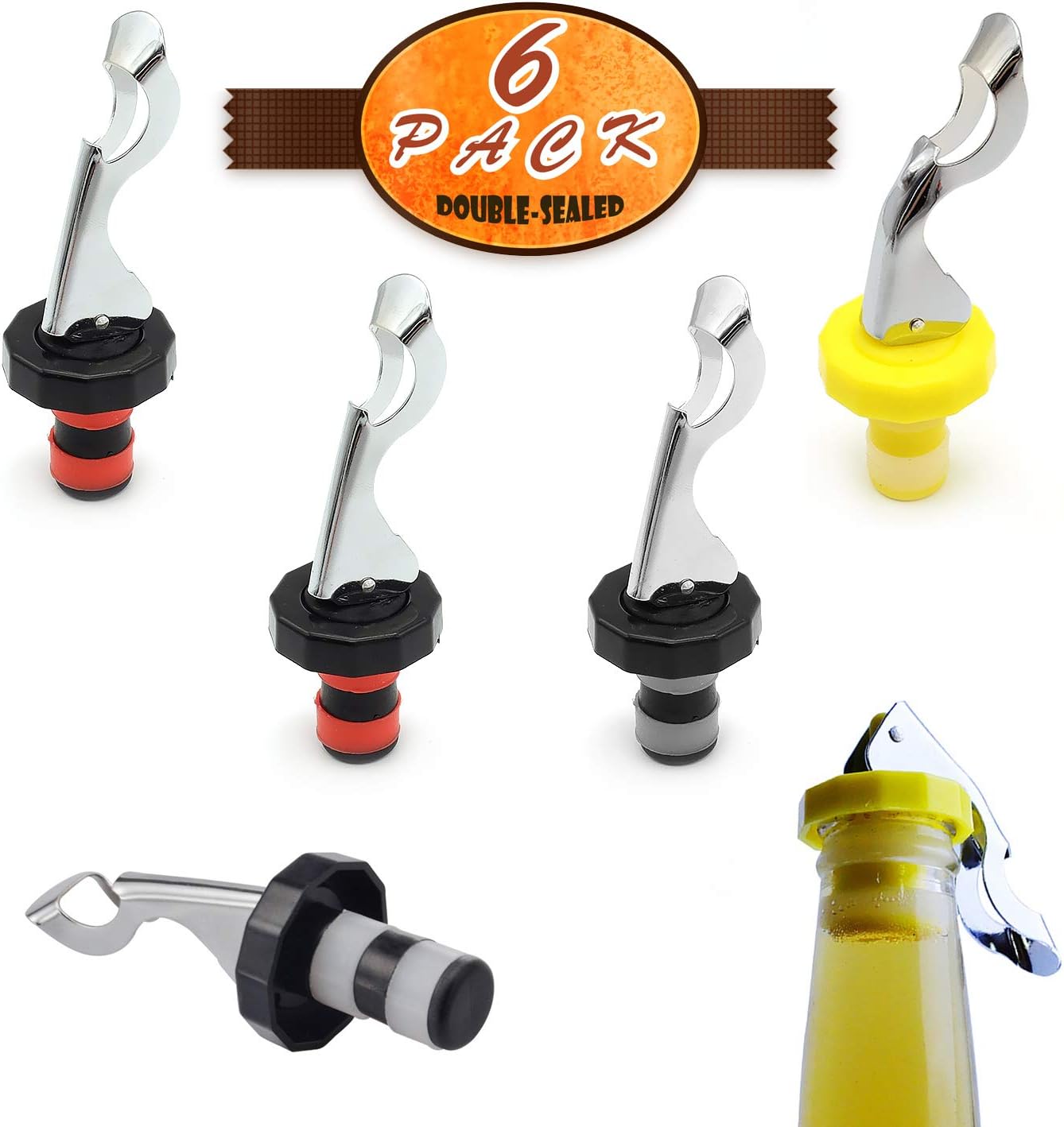 6 Pack Silicone Vacuum Bottle Stoppers Red Yellow Black for Wine Champagne Beer Whisky Soft Drinks Water Airtight Reusable - Image 1