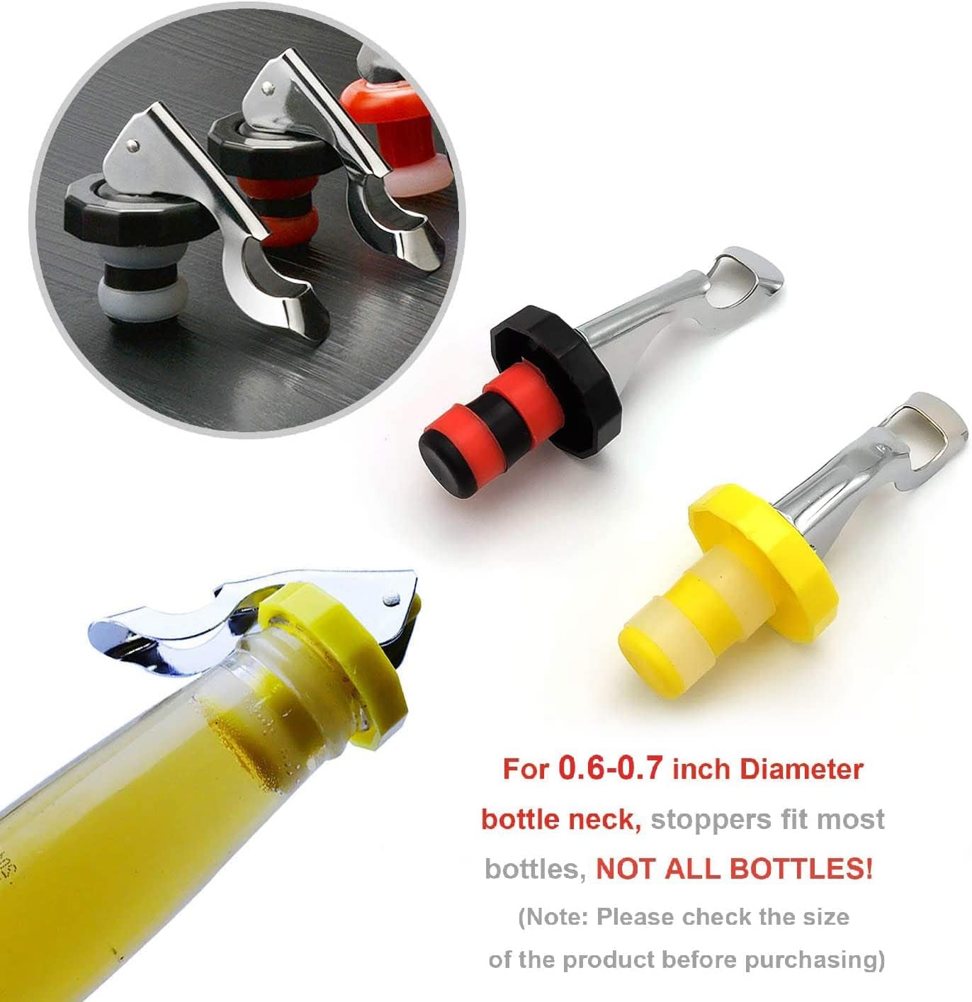6 Pack Silicone Vacuum Bottle Stoppers Red Yellow Black for Wine Champagne Beer Whisky Soft Drinks Water Airtight Reusable - Image 3