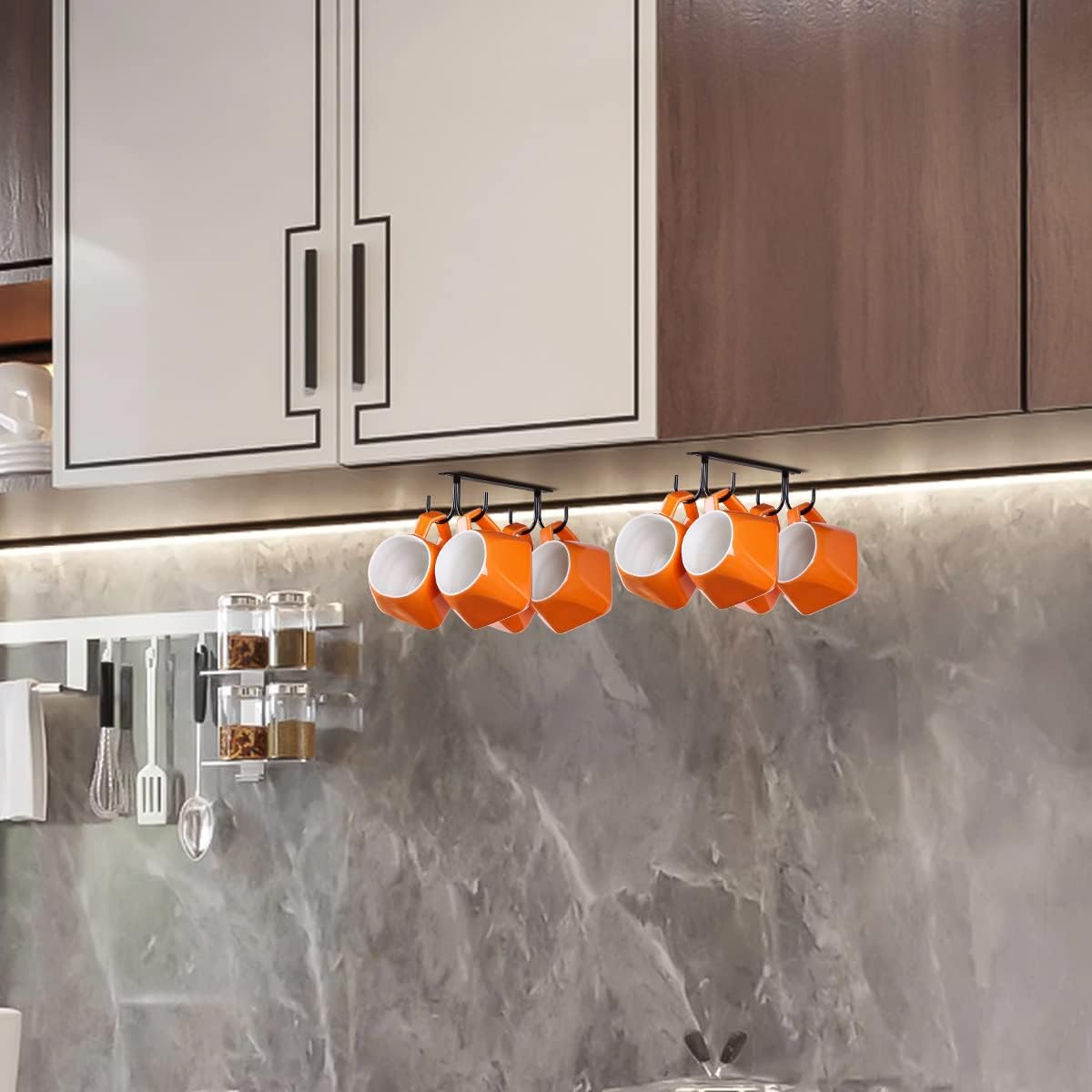 Under Cabinet Industrial Mug Holder - Space-Saving Hanging Rack for Mugs, Cups & Kitchen Accessories - 4 Hooks - 2 Pack - Image 2