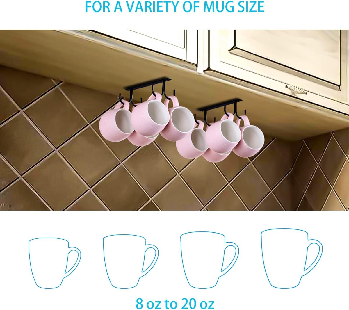 Under Cabinet Industrial Mug Holder - Space-Saving Hanging Rack for Mugs, Cups & Kitchen Accessories - 4 Hooks - 2 Pack - Image 6
