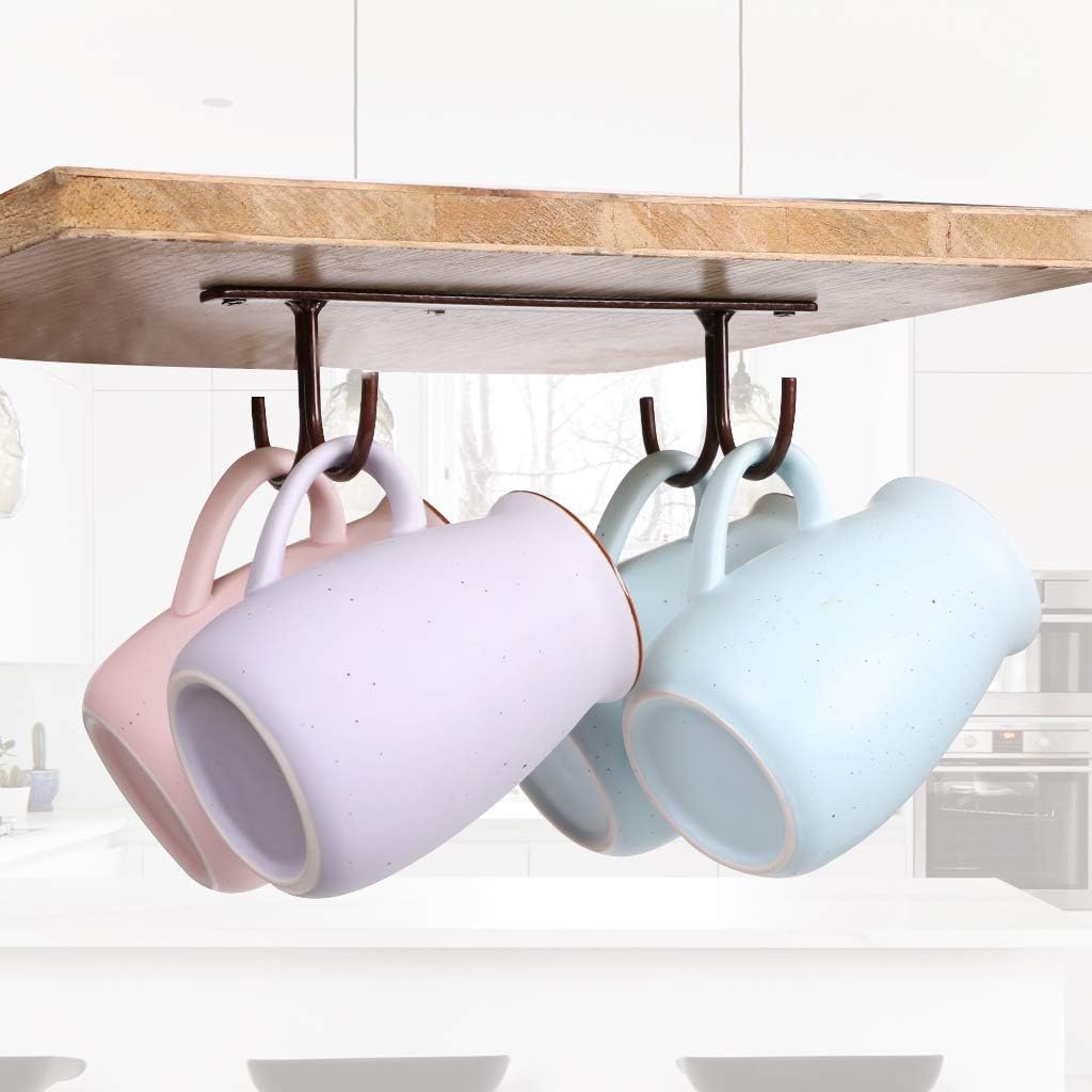 Under Cabinet Industrial Mug Holder - Space-Saving Hanging Rack for Mugs, Cups & Kitchen Accessories - 4 Hooks - 2 Pack - Image 7