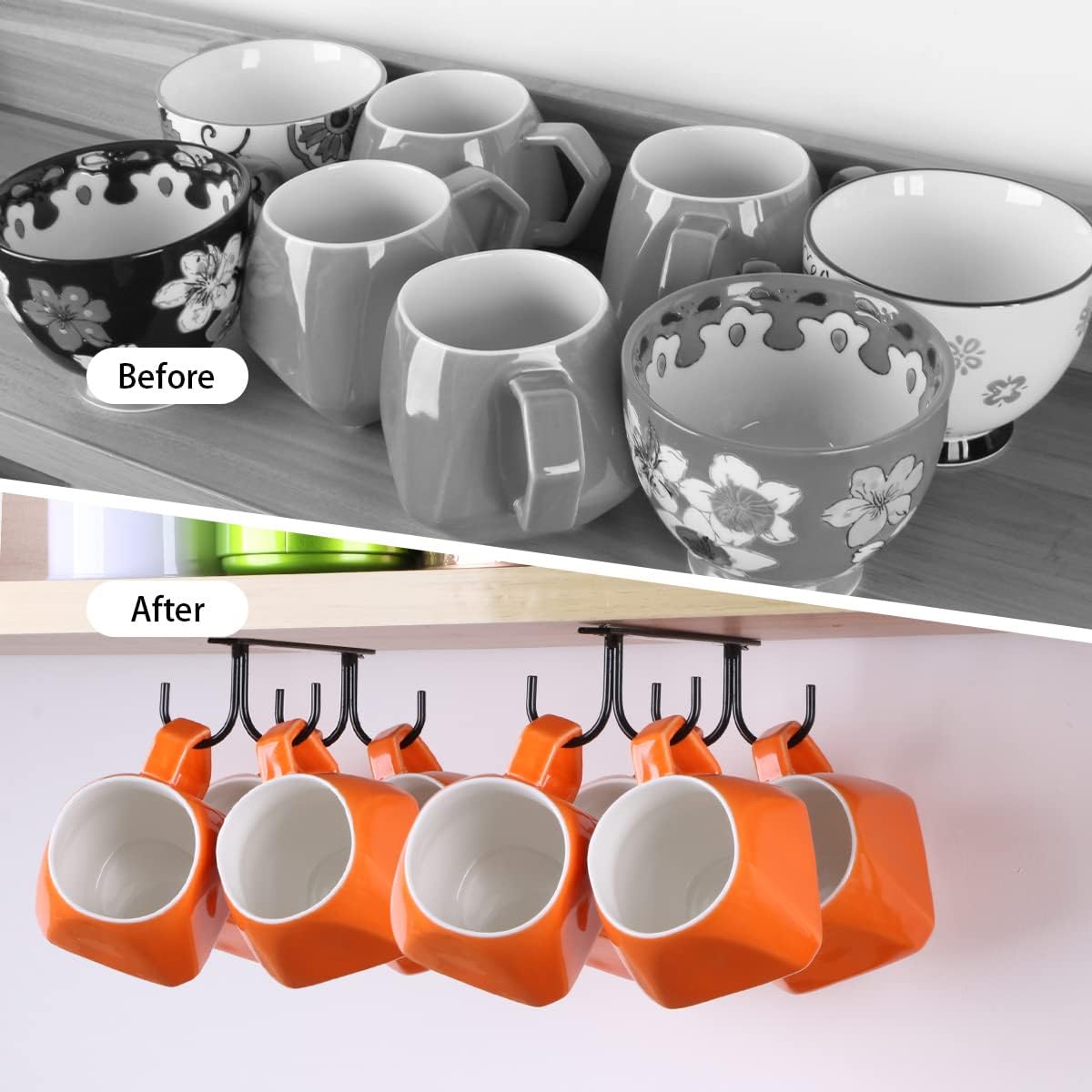 Under Cabinet Industrial Mug Holder - Space-Saving Hanging Rack for Mugs, Cups & Kitchen Accessories - 4 Hooks - 2 Pack - Image 8