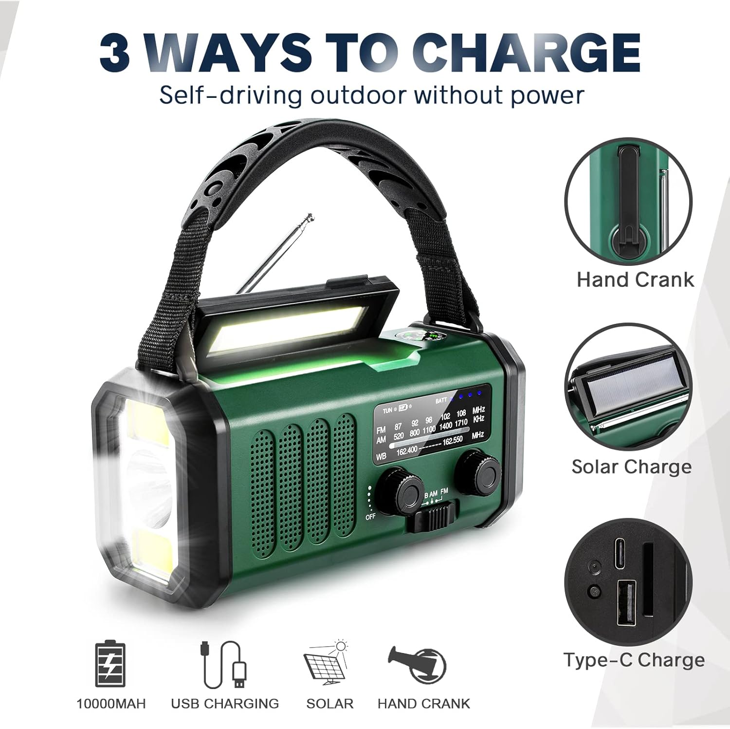 10000mAh Solar Powered Emergency Radio & Power Bank All-in-1 Survival Device with Hand Crank NOAA Alert Powerful Flashlight for Outdoor Camping and Emergency Use - Image 4