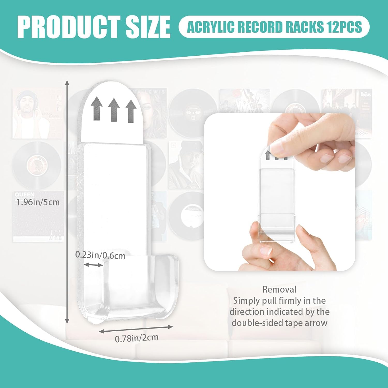 12 Pack Acrylic Transparent Vinyl Record Holder Wall Mount No Drilling Required Display Rack - Image 2