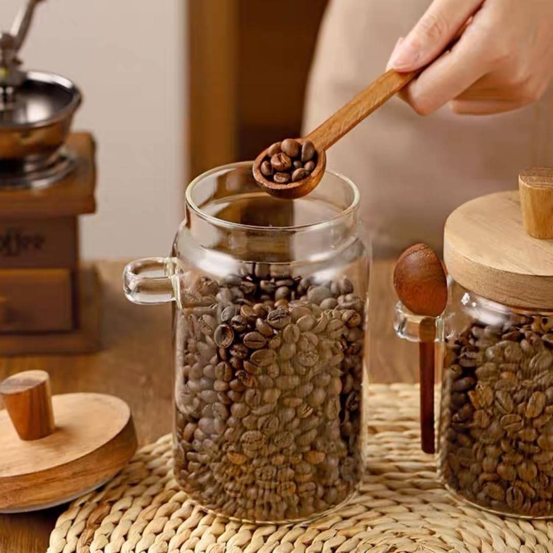600ml Coffee Storage Container with Wooden Lid and Spoon Airtight Moisture-Proof Food Keeper for Coffee Beans Tea Sugar - Image 3