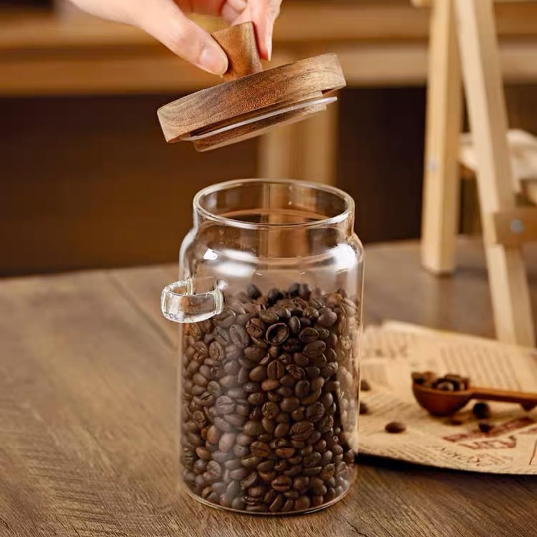 600ml Coffee Storage Container with Wooden Lid and Spoon Airtight Moisture-Proof Food Keeper for Coffee Beans Tea Sugar - Image 4