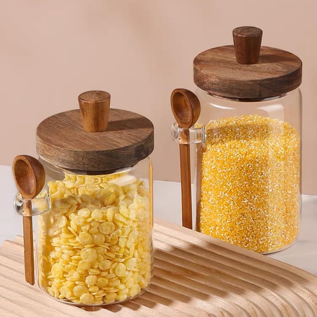 600ml Coffee Storage Container with Wooden Lid and Spoon Airtight Moisture-Proof Food Keeper for Coffee Beans Tea Sugar - Image 6