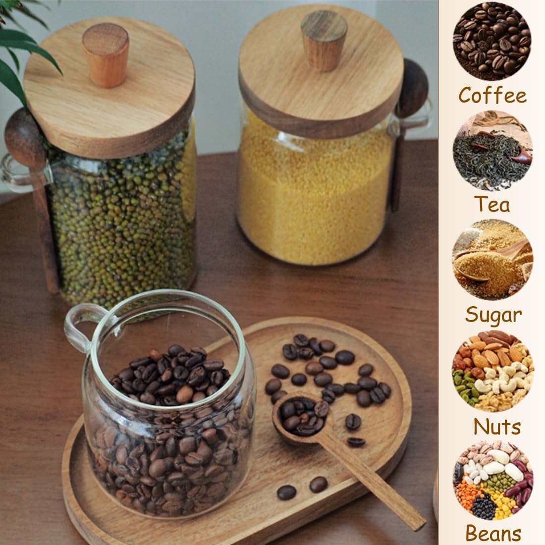 600ml Coffee Storage Container with Wooden Lid and Spoon Airtight Moisture-Proof Food Keeper for Coffee Beans Tea Sugar - Image 7