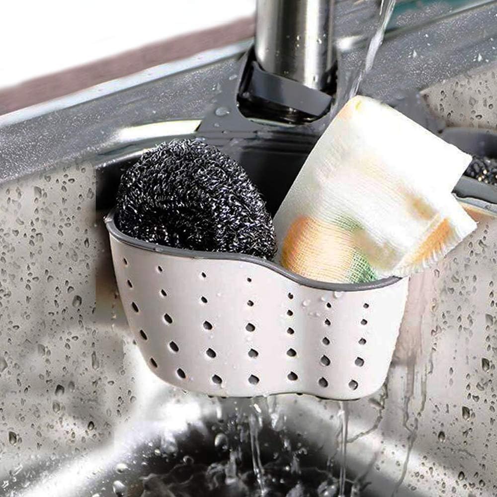 2Pcs Beige Kitchen Sink Caddy Adjustable Hanging Silicone Plastic Soap Holder with Faucet Drain Hole for Drying - Image 3