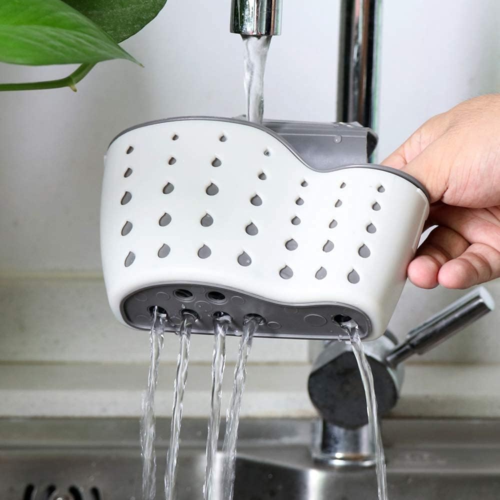 2Pcs Beige Kitchen Sink Caddy Adjustable Hanging Silicone Plastic Soap Holder with Faucet Drain Hole for Drying - Image 4