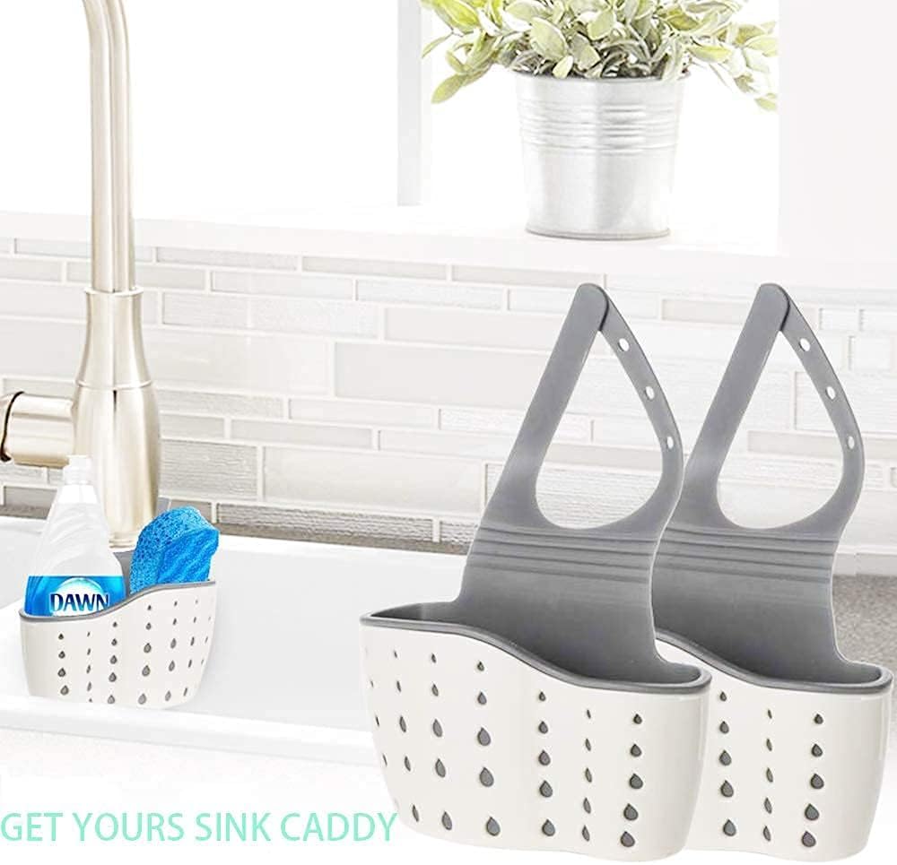 2Pcs Beige Kitchen Sink Caddy Adjustable Hanging Silicone Plastic Soap Holder with Faucet Drain Hole for Drying - Image 5