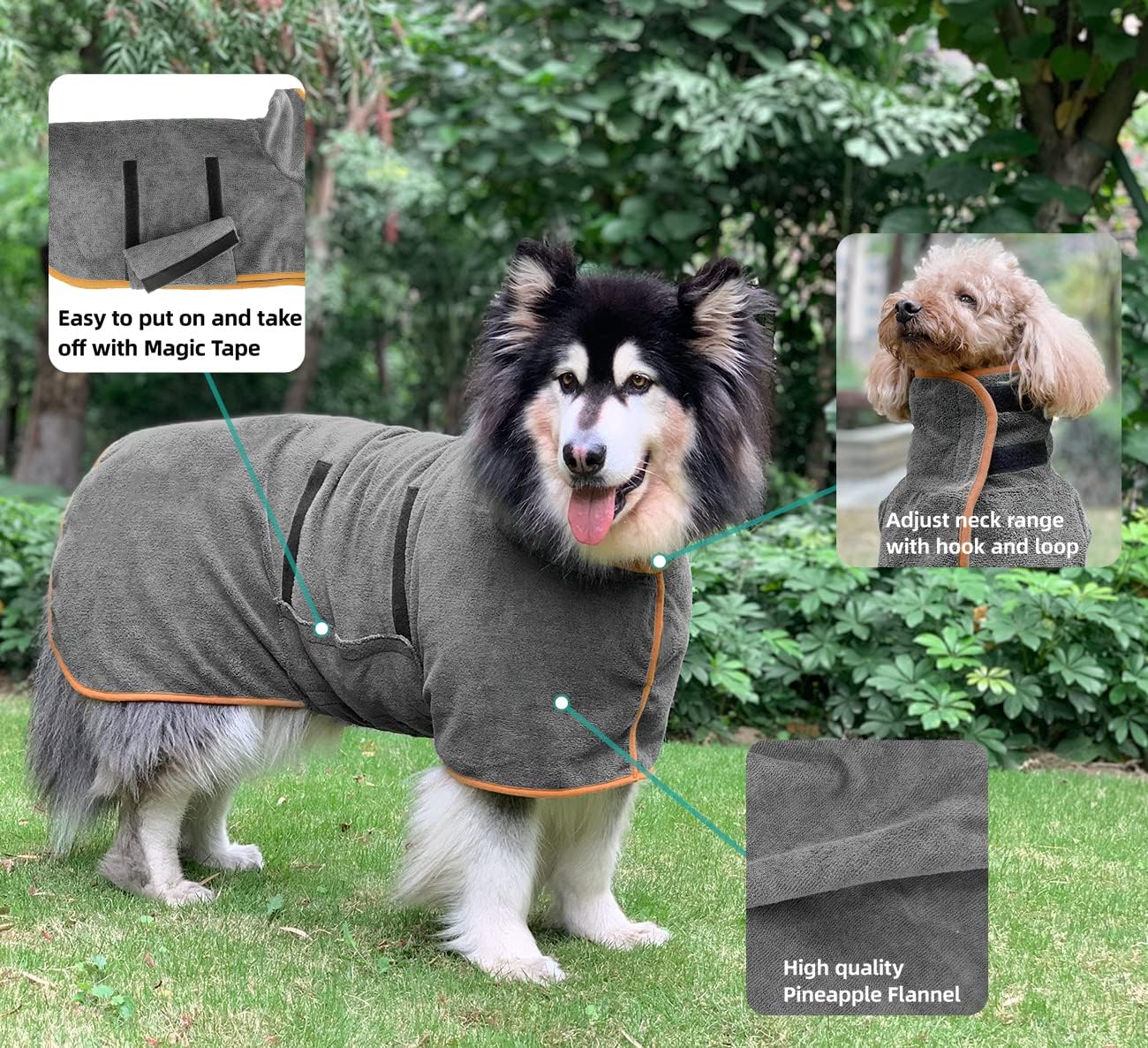 Dog Bathrobe S Size Grey with Orange Piping Adjustable Strap Absorbent Dog Towel for Dogs - Image 2