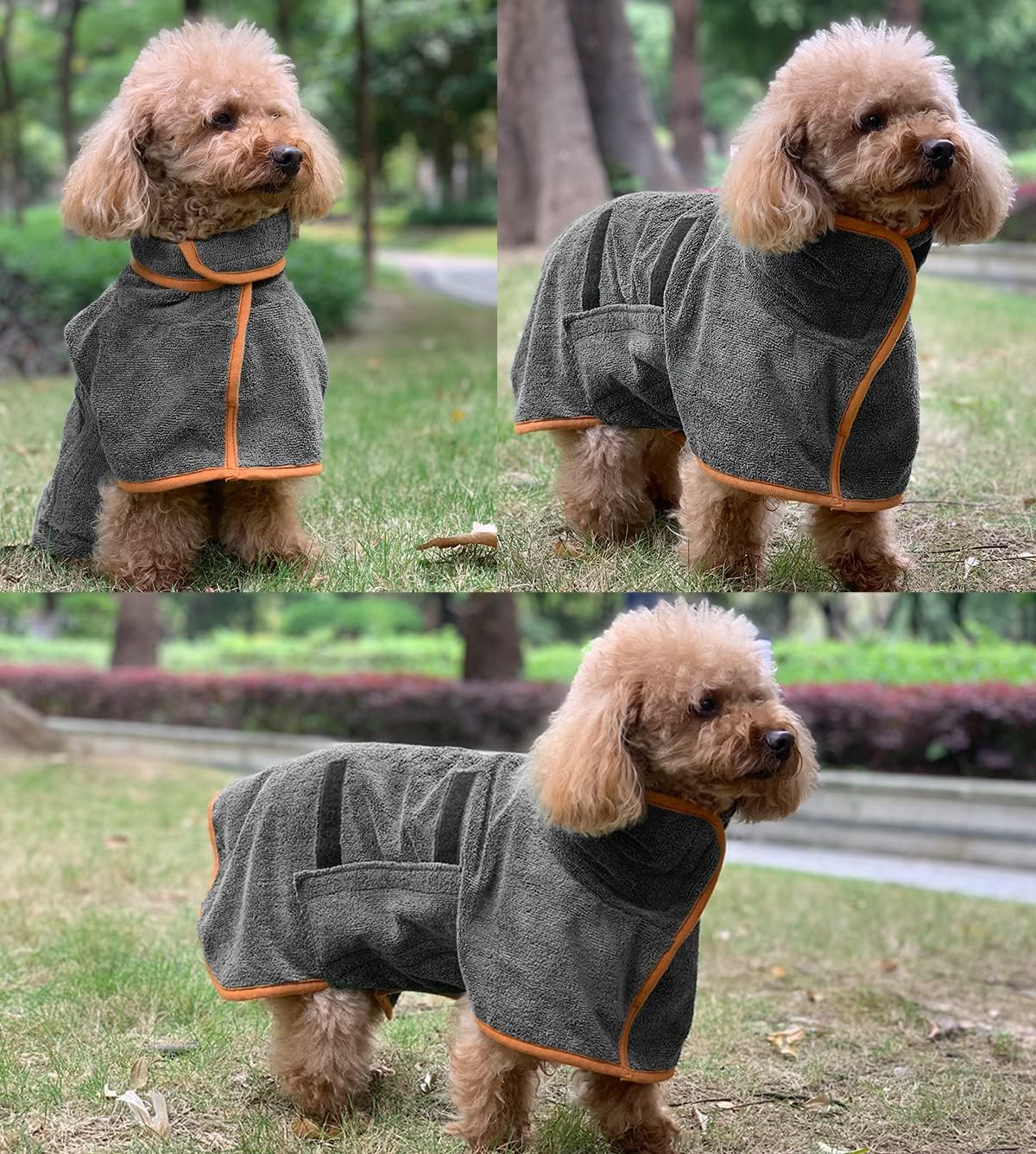 Dog Bathrobe S Size Grey with Orange Piping Adjustable Strap Absorbent Dog Towel for Dogs - Image 5