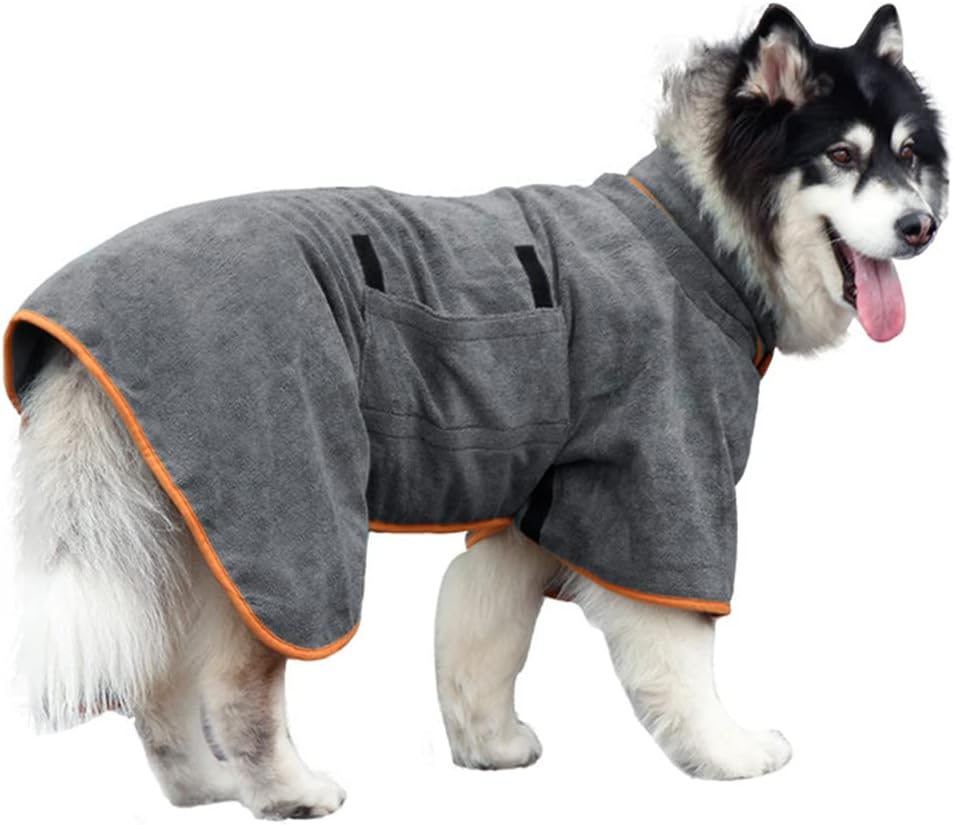 Dog Bathrobe - 1 Piece - Size M - Grey with Orange Piping - Absorbent Dog Towel - Adjustable Strap Dog Robe - Pet Drying Coat - Image 1