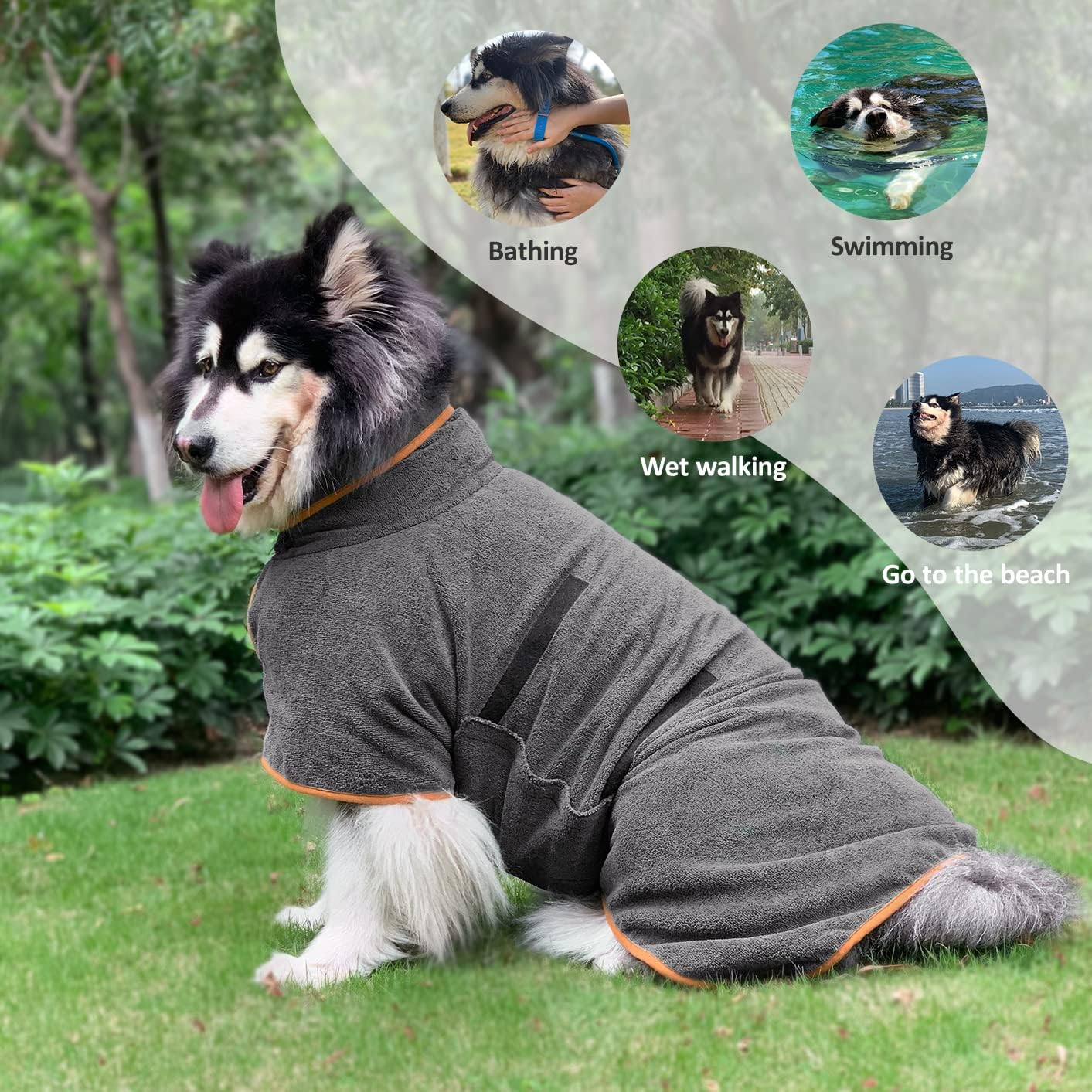 Dog Bathrobe - 1 Piece - Size M - Grey with Orange Piping - Absorbent Dog Towel - Adjustable Strap Dog Robe - Pet Drying Coat - Image 3