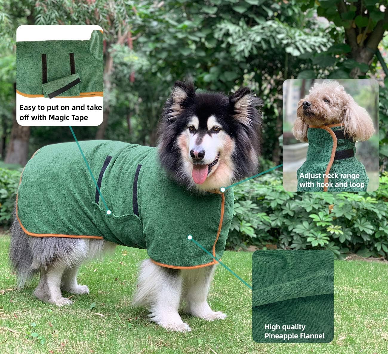 Green Dog Bathrobe with Orange Piping Size S - Adjustable Strap Pet Towel for Dogs - Image 3