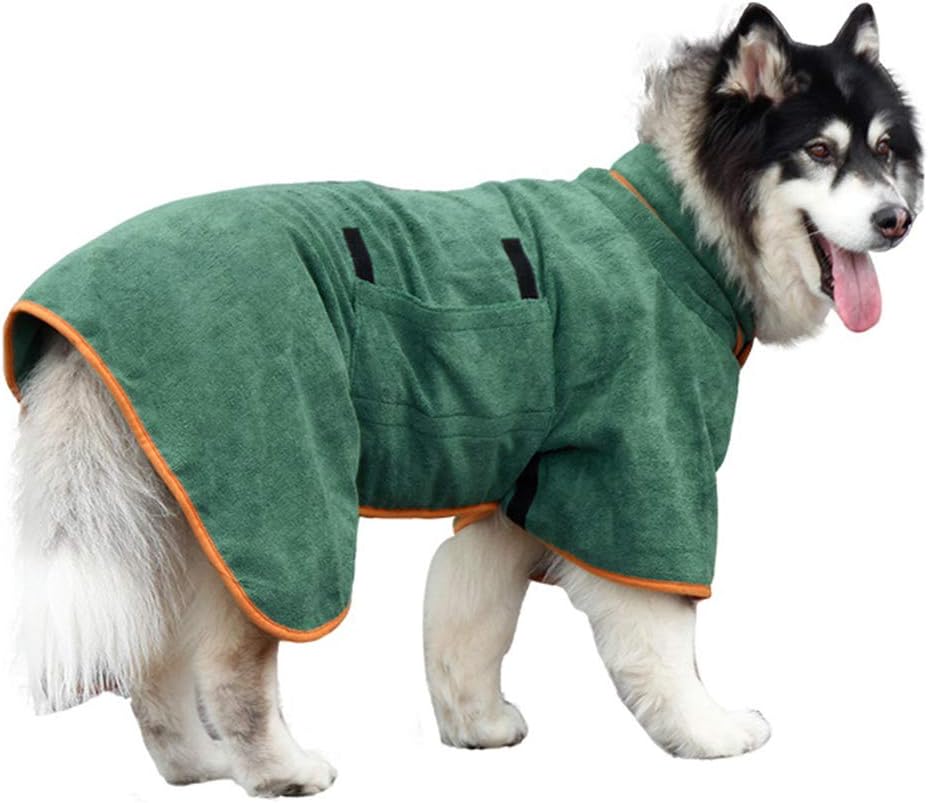 Dog Bathrobe - Size M - Green with Orange Trim - Absorbent Pet Towel with Adjustable Strap - Image 1