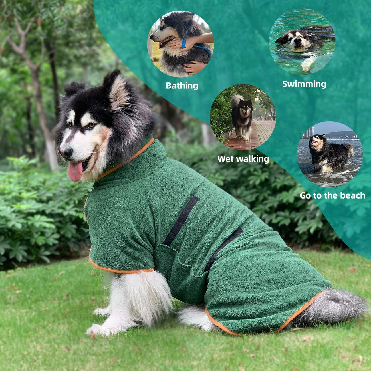 Dog Bathrobe - Size M - Green with Orange Trim - Absorbent Pet Towel with Adjustable Strap - Image 2