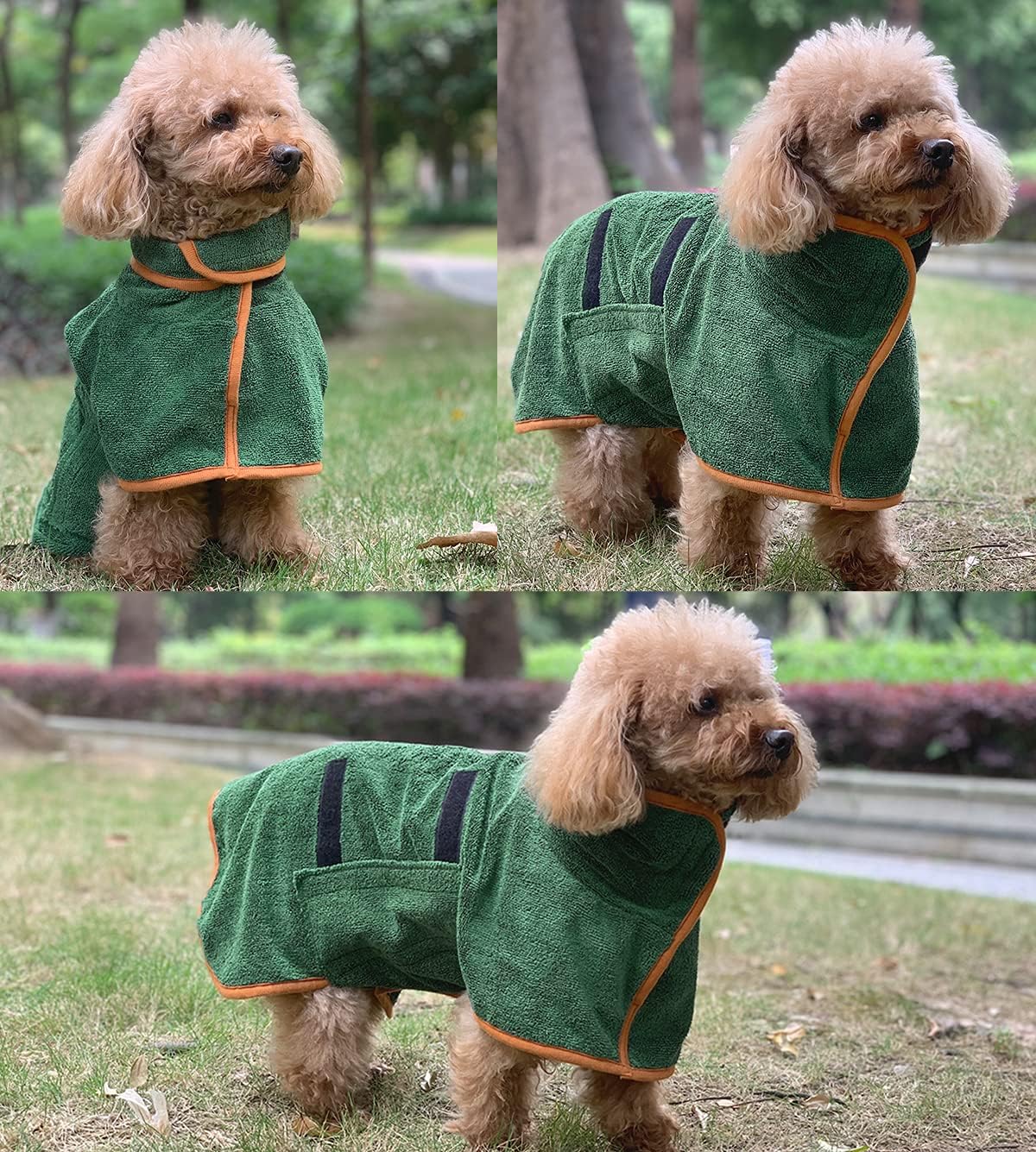 Dog Bathrobe - Size M - Green with Orange Trim - Absorbent Pet Towel with Adjustable Strap - Image 5