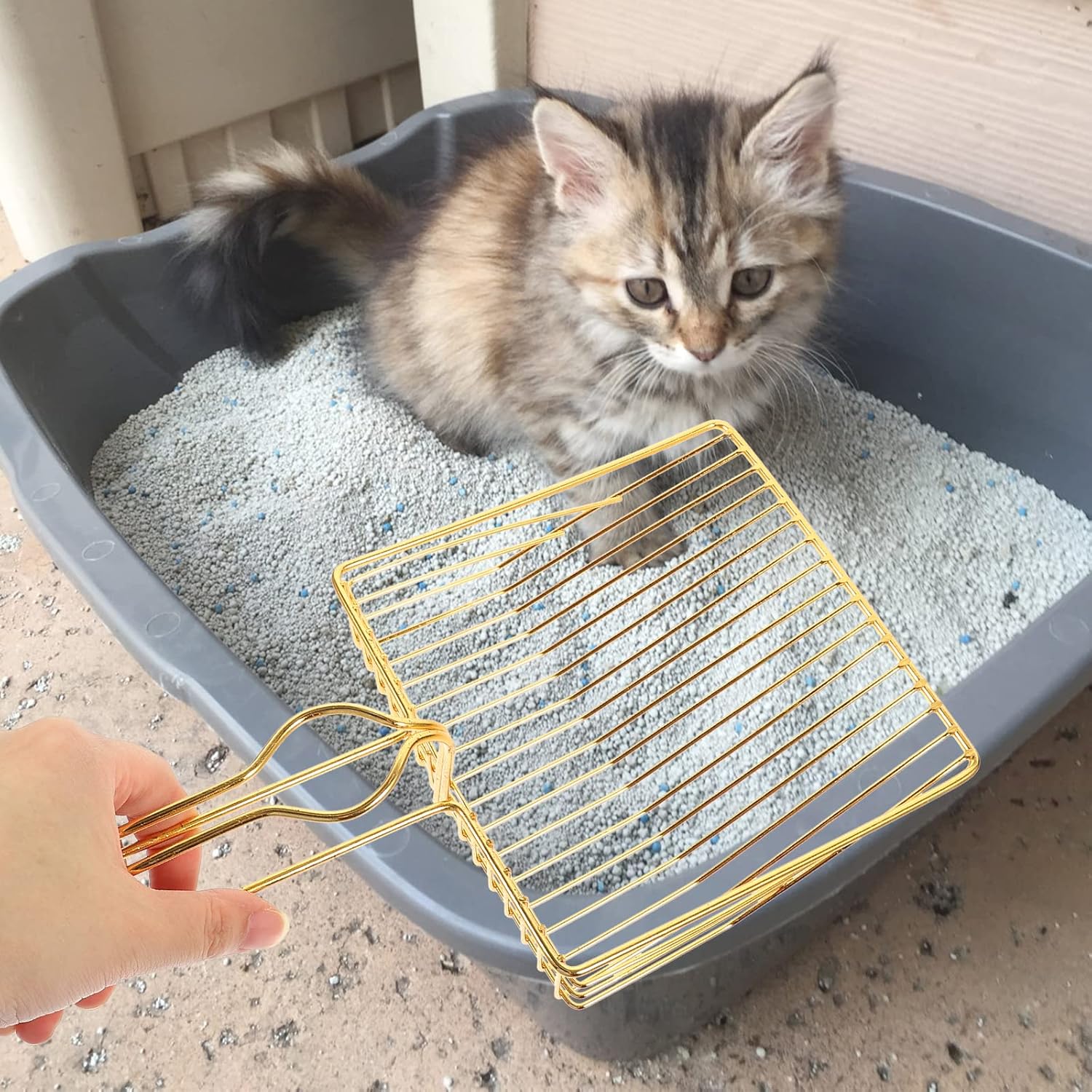 Gold Plated Metal Wire Cat Litter Scoop Square Design Ergonomic Handle - Image 3