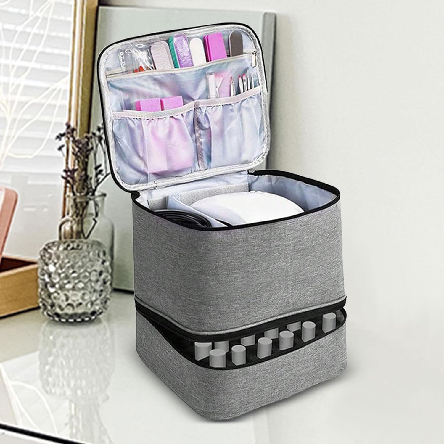 Large Capacity Grey Makeup Organizer Case - Cosmetic Storage Beauty Bag for Makeup Tools - Image 2
