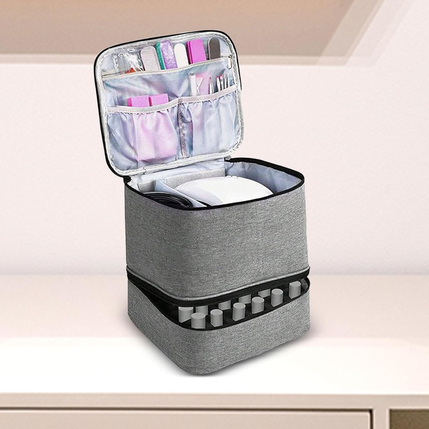 Large Capacity Grey Makeup Organizer Case - Cosmetic Storage Beauty Bag for Makeup Tools - Image 3