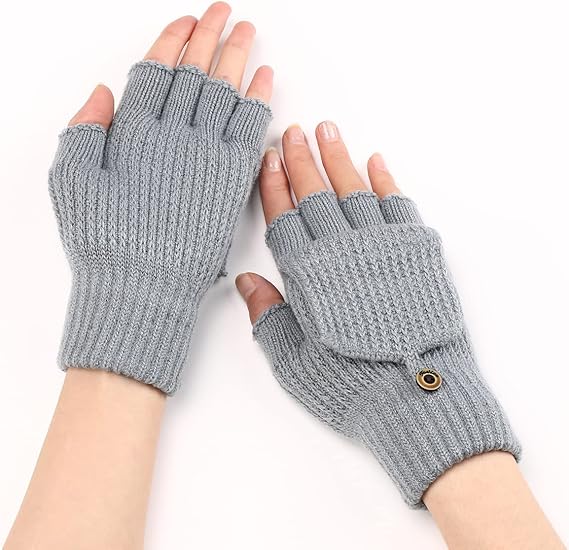 Women's Light Grey Fingerless Gloves Warm Winter Accessory - Image 3
