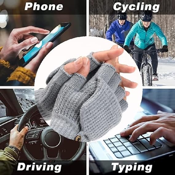 Women's Light Grey Fingerless Gloves Warm Winter Accessory - Image 5