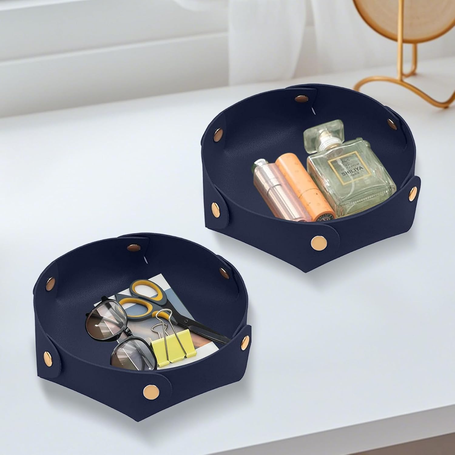 Portable Dark Blue PU Leather Entryway Table Nightstand Organizer for Phones Keys Wallets Watches Coins Travel Plate Sorter - Image 2