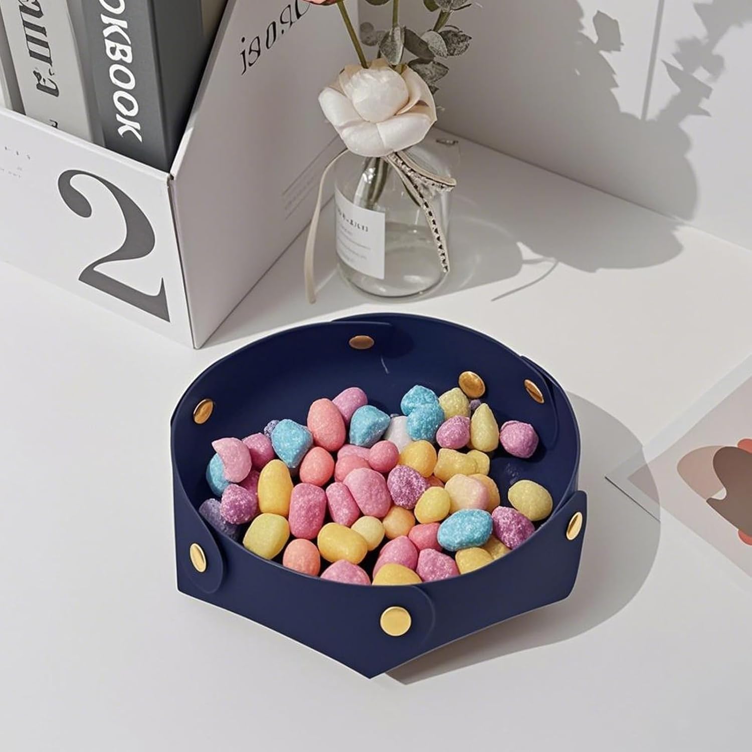 Portable Dark Blue PU Leather Entryway Table Nightstand Organizer for Phones Keys Wallets Watches Coins Travel Plate Sorter - Image 5
