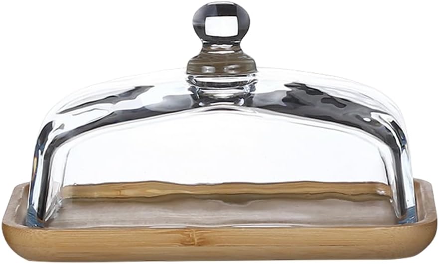 Mini Cake Stand with Glass Dome - Wooden Serving Board for Cupcakes Cheese - Butter Dome as Kitchen Decoration Gift - Image 1