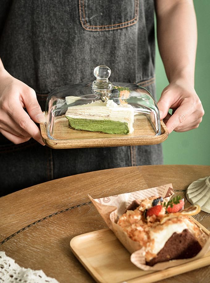 Mini Cake Stand with Glass Dome - Wooden Serving Board for Cupcakes Cheese - Butter Dome as Kitchen Decoration Gift - Image 3