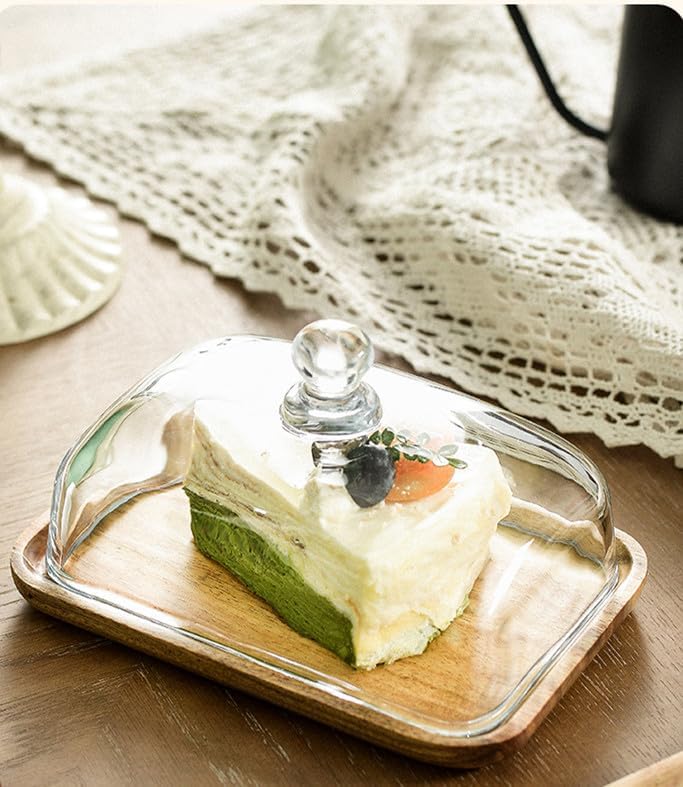 Mini Cake Stand with Glass Dome - Wooden Serving Board for Cupcakes Cheese - Butter Dome as Kitchen Decoration Gift - Image 4