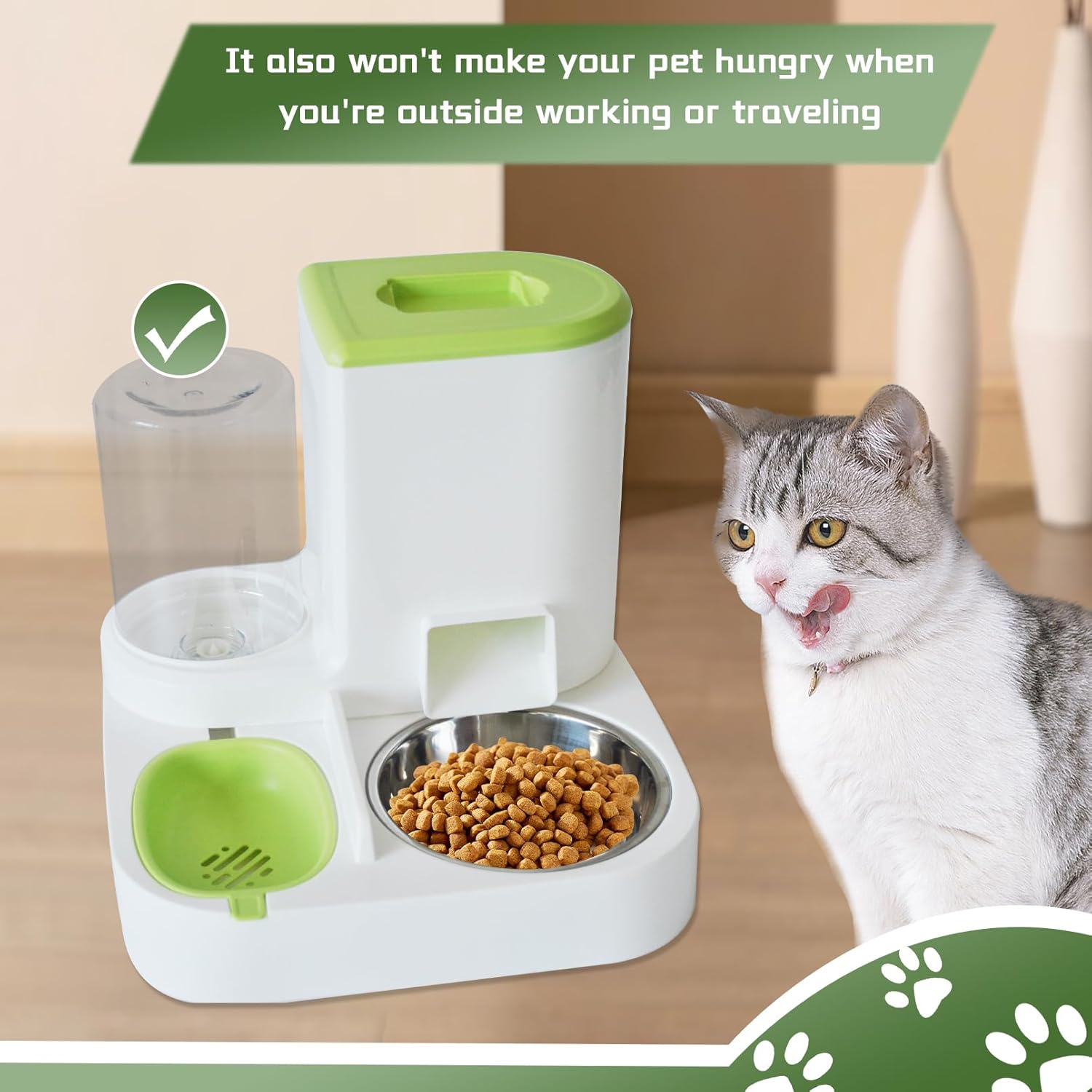 Automatic Pet Feeder 1 Piece Dog Cat Food Bowl Water Bowl Green - Image 2
