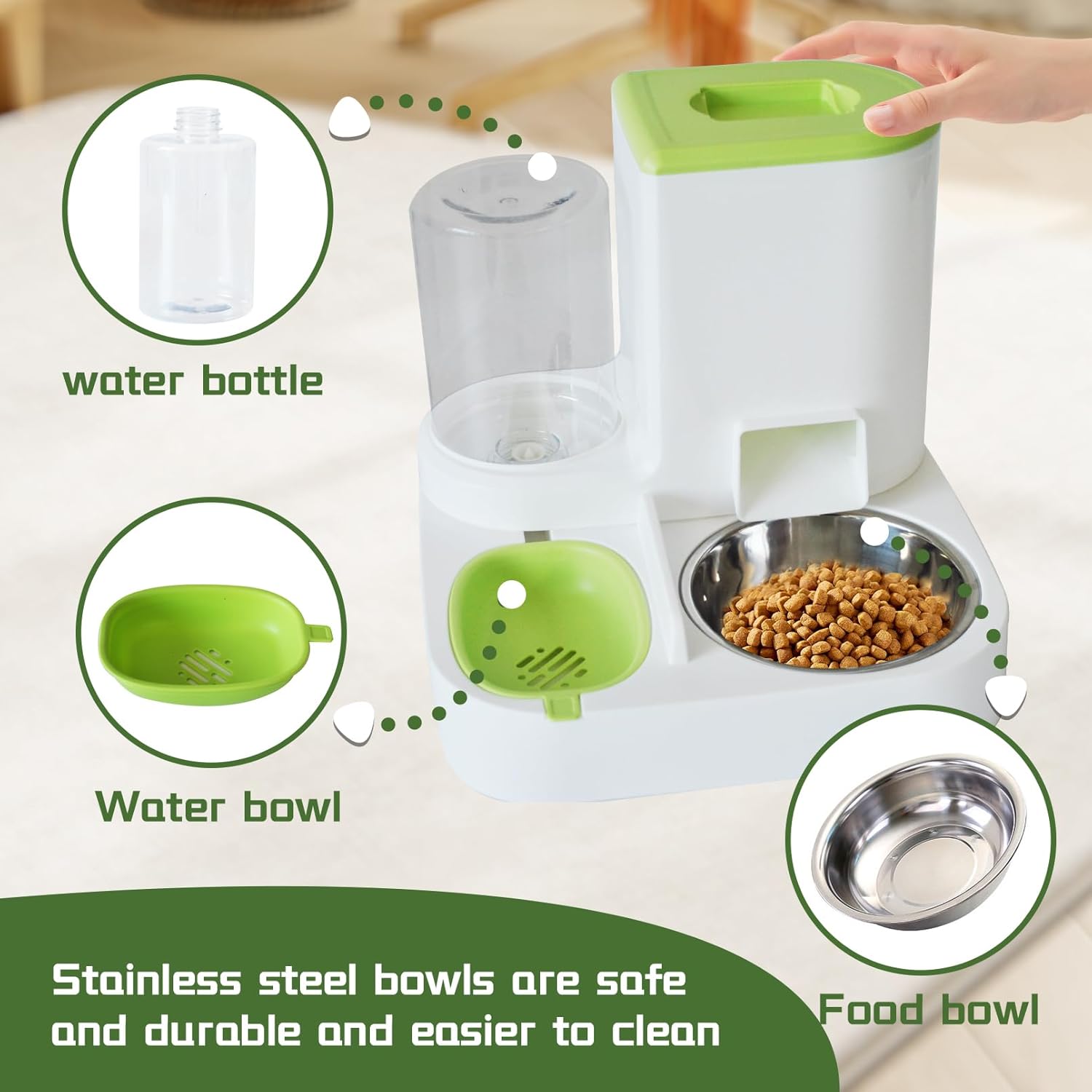 Automatic Pet Feeder 1 Piece Dog Cat Food Bowl Water Bowl Green - Image 6