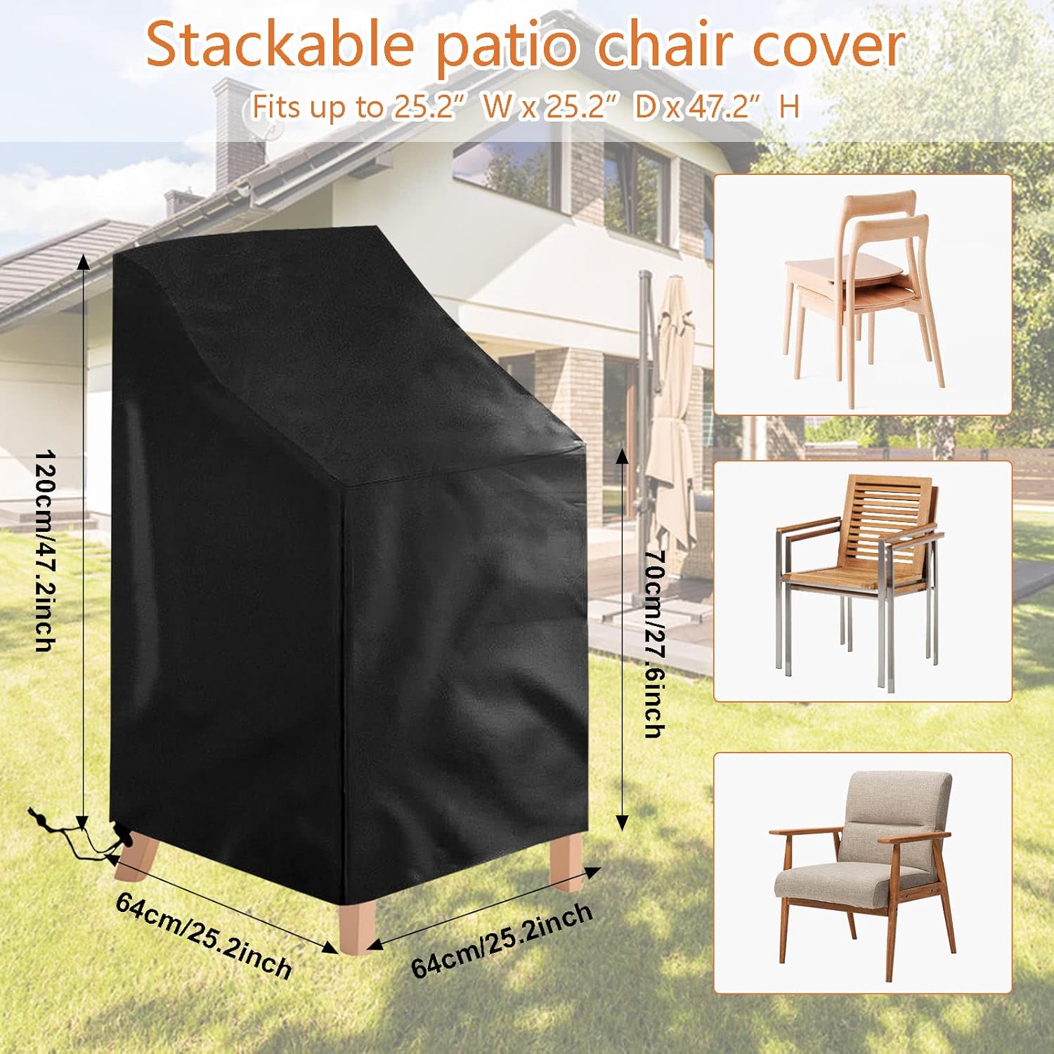 2 Pack Waterproof Outdoor Furniture Covers for Garden Cushions Stacking Chairs Black - Image 2