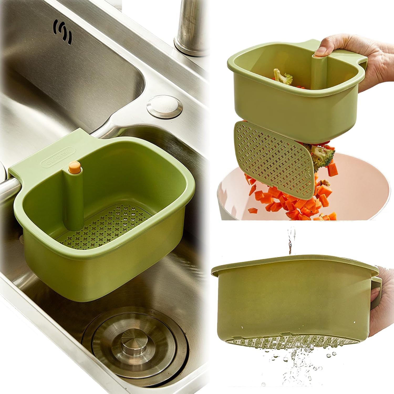 Green Multi-Functional Hanging Food Strainer for Sinks One Touch Release Screen Auto-Dump Kitchen Waste Filter Fruit Vegetable Washer - Image 1