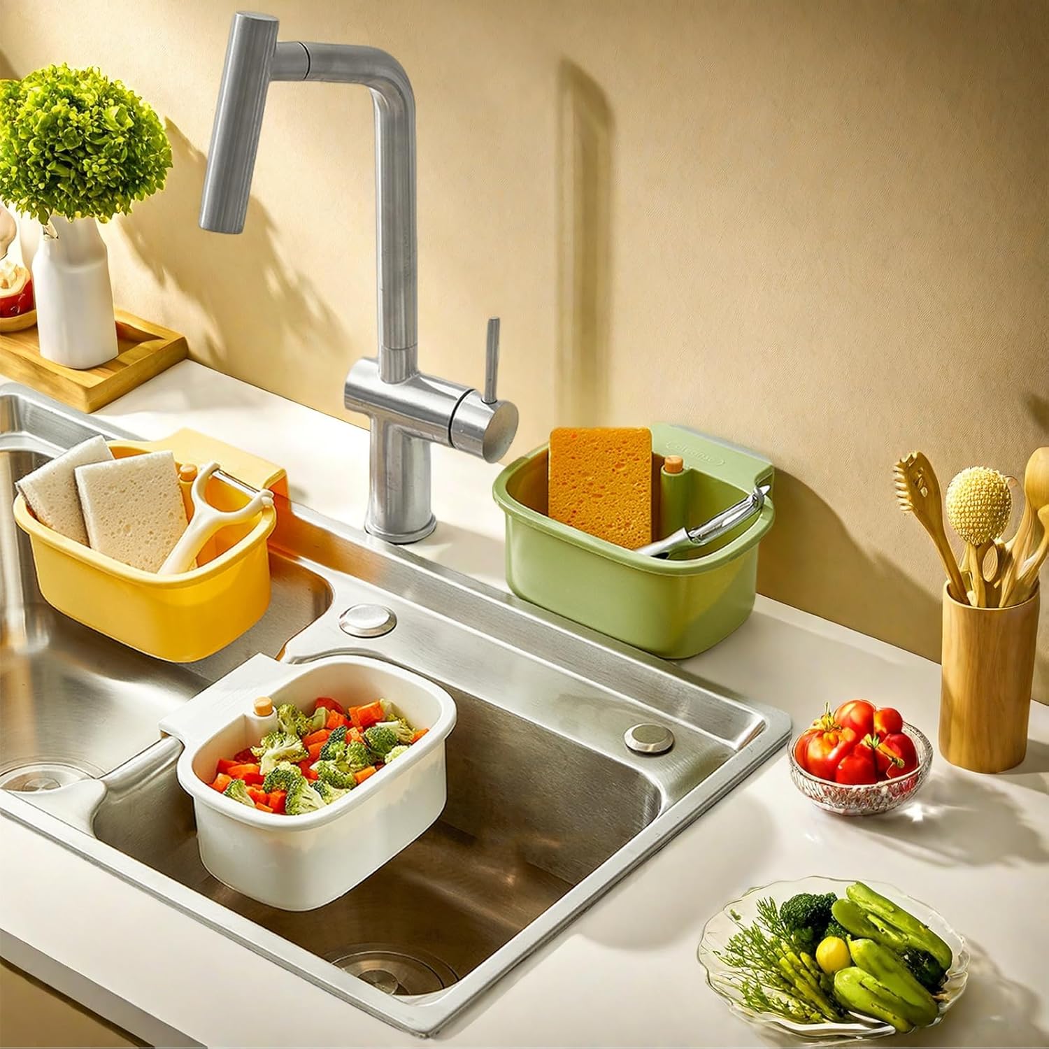 Green Multi-Functional Hanging Food Strainer for Sinks One Touch Release Screen Auto-Dump Kitchen Waste Filter Fruit Vegetable Washer - Image 2