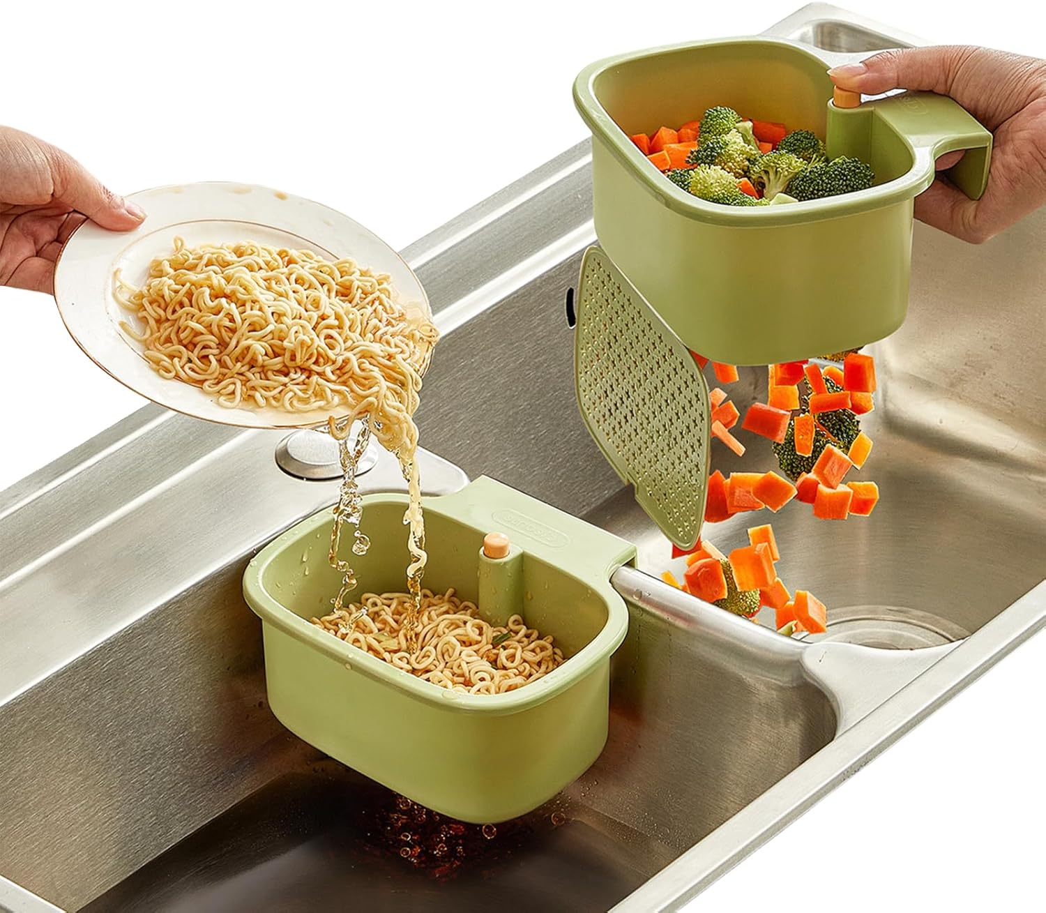 Green Multi-Functional Hanging Food Strainer for Sinks One Touch Release Screen Auto-Dump Kitchen Waste Filter Fruit Vegetable Washer - Image 4
