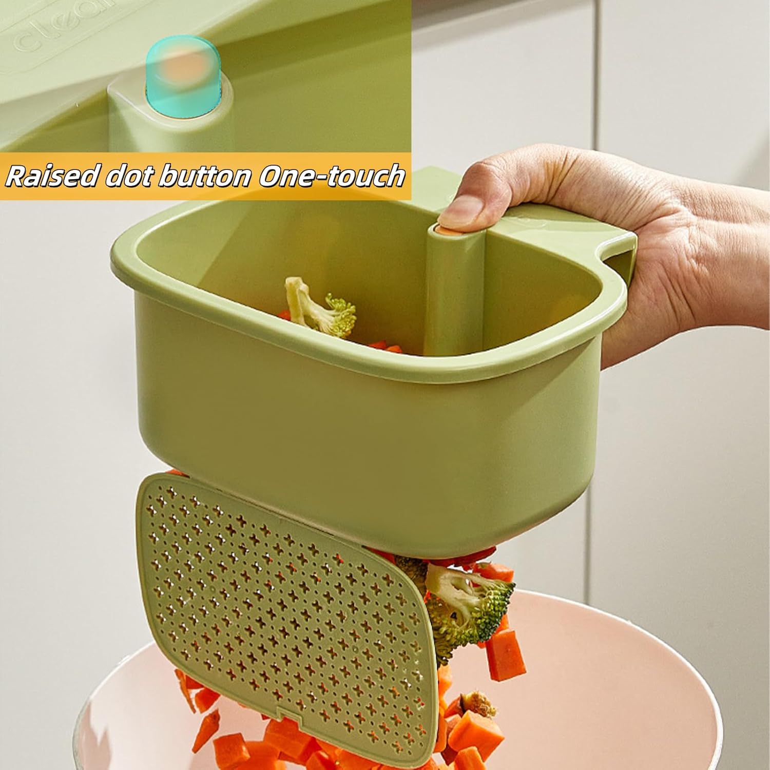 Green Multi-Functional Hanging Food Strainer for Sinks One Touch Release Screen Auto-Dump Kitchen Waste Filter Fruit Vegetable Washer - Image 5